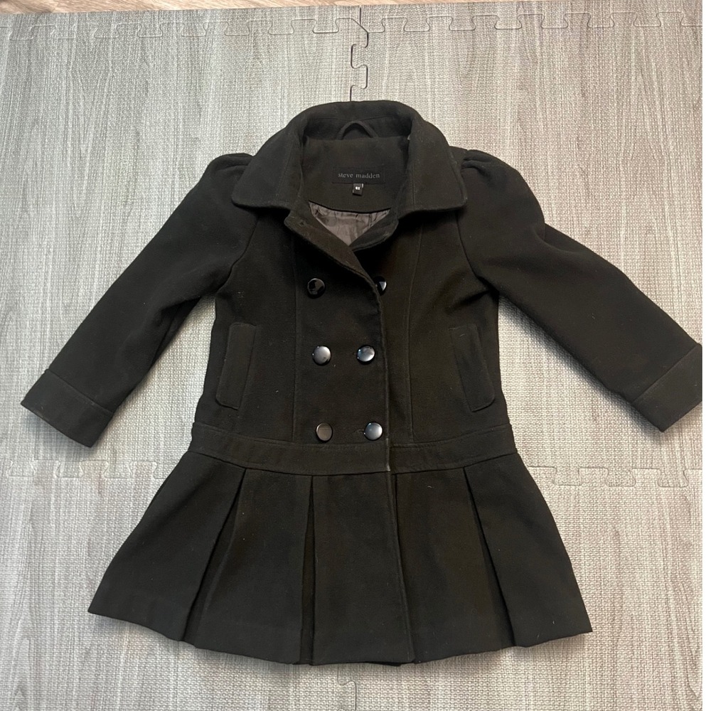 Steve Madden Girls Black Double Breasted‎ Pleated Peacoat Jacket Size 6X